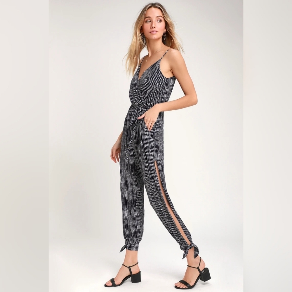 Lulu's Stroll the Shore Navy Blue Striped Jumpsuit